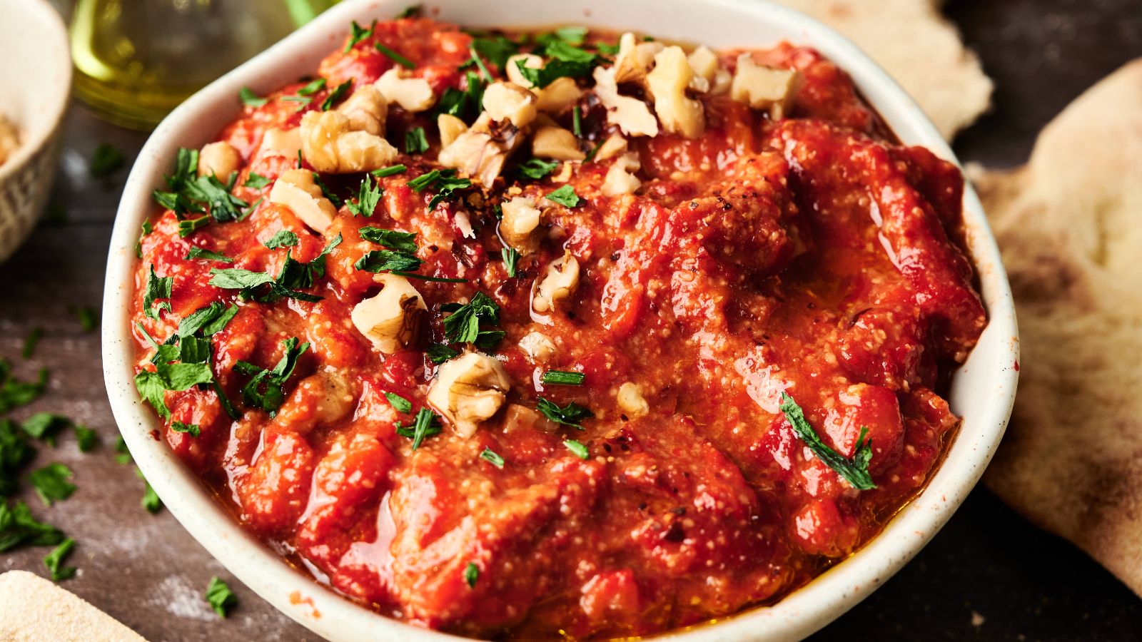 A bowl of tomato-based dip garnished with chopped parsley and walnuts, with pita bread pieces on the side.