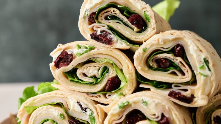 A close-up of several tortilla roll-ups filled with leafy greens, cream cheese, sliced turkey, and dried cranberries, stacked on top of each other.