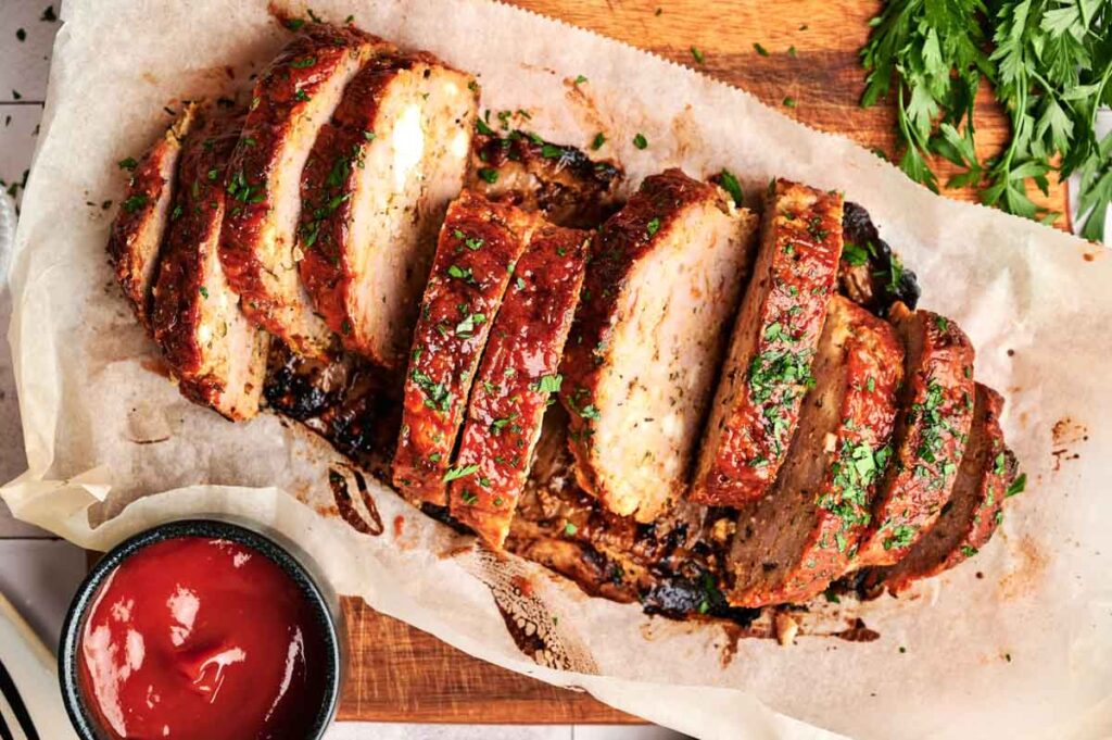 Sliced turkey meatloaf garnished with chopped herbs on parchment paper, served with a bowl of ketchup and fresh parsley on the side.