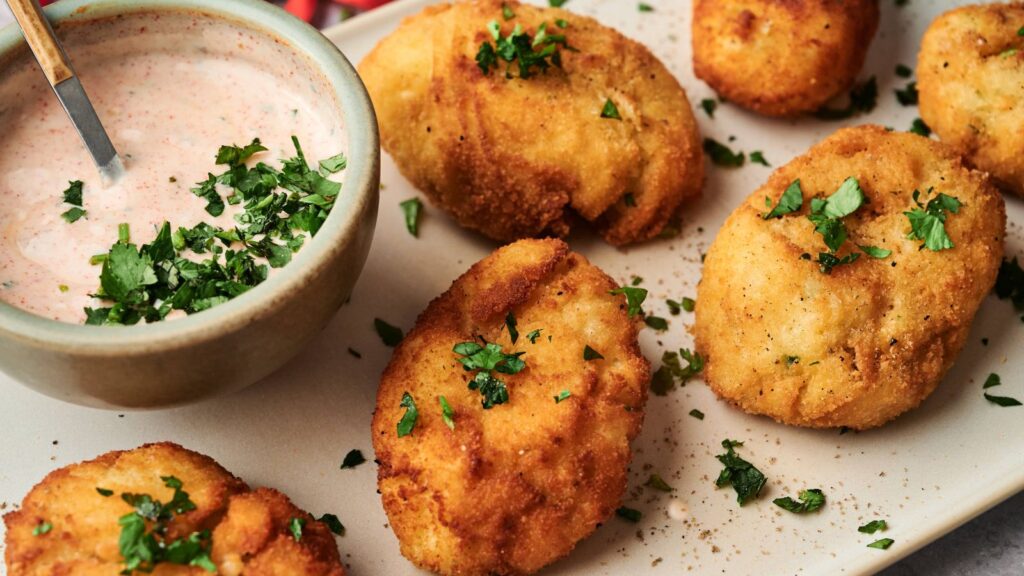 A plate of breaded, fried potato croquettes garnished with chopped parsley, served with a bowl of creamy dipping sauce and a spoon.