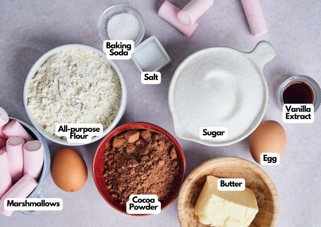 A flat lay of baking ingredients for Air Fryer Marshmallow Swirl Cookies, featuring labeled marshmallows, flour, cocoa powder, sugar, butter, eggs, salt, baking soda, and vanilla extract.