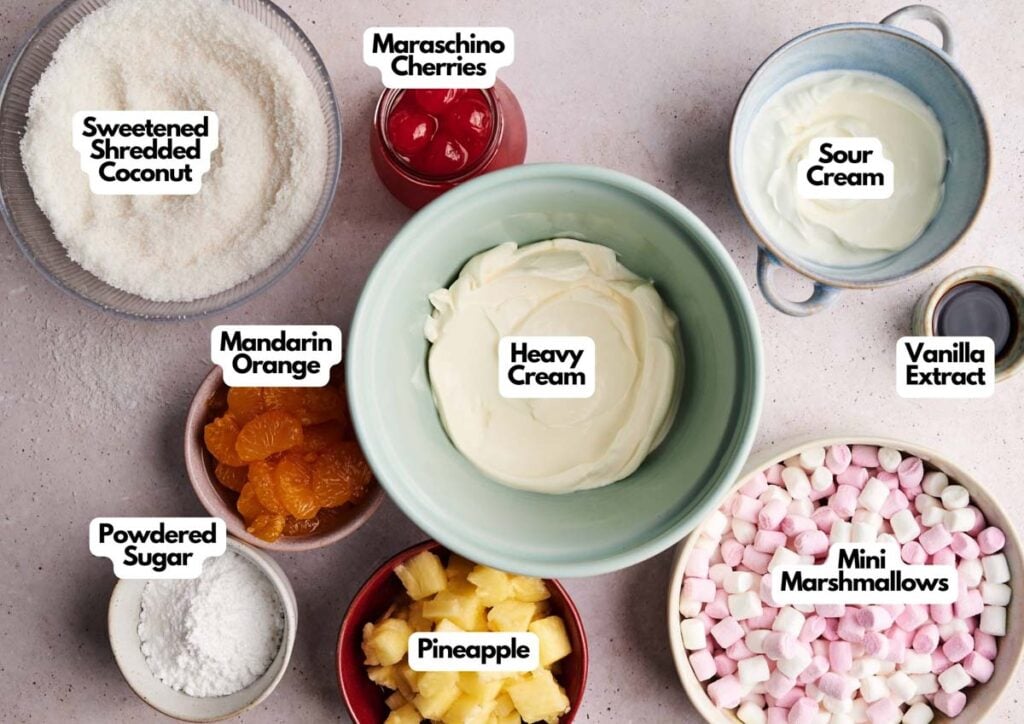 Ambrosia Salad bowls filled with sweetened shredded coconut, maraschino cherries, sour cream, vanilla extract, heavy cream, mandarin orange slices, pineapple, powdered sugar, and mini marshmallows.