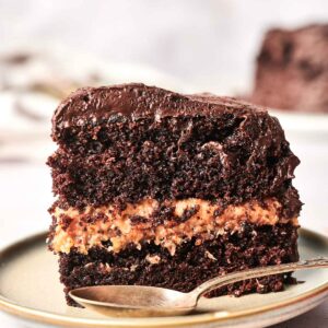 A slice of layered chocolate cake with a creamy filling on a plate, accompanied by a spoon.