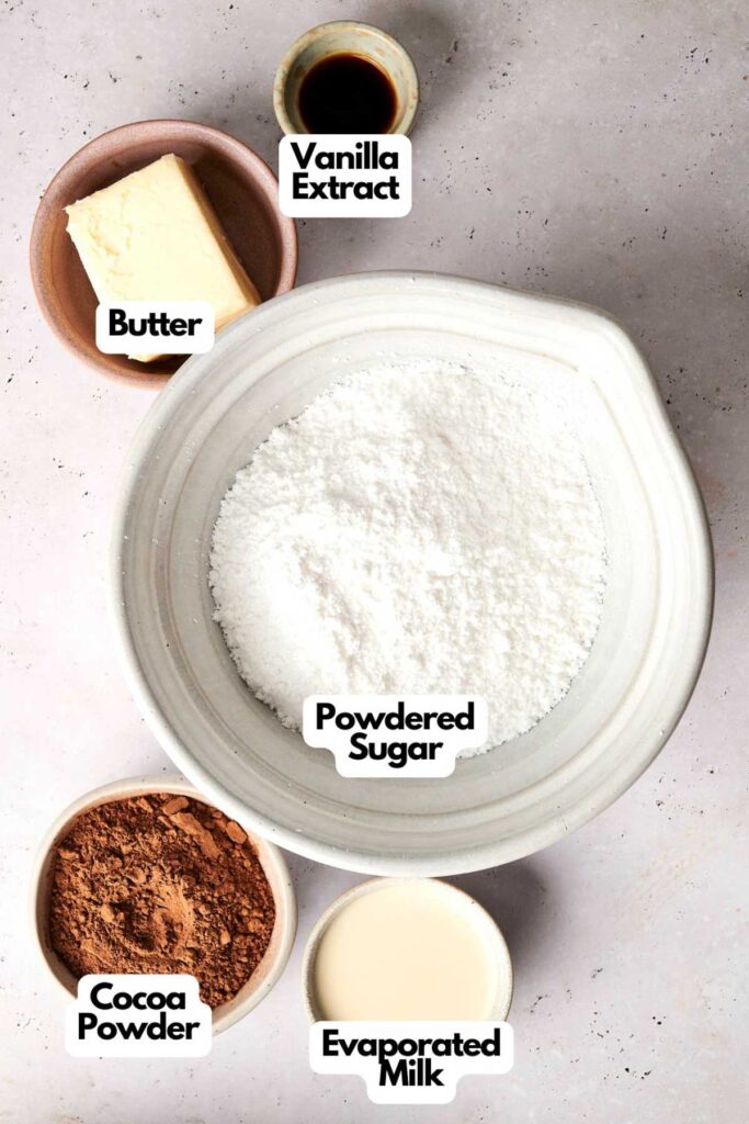 Overhead view of baking ingredients labeled in bowls: powdered sugar, butter, vanilla extract, cocoa powder, and evaporated milk.