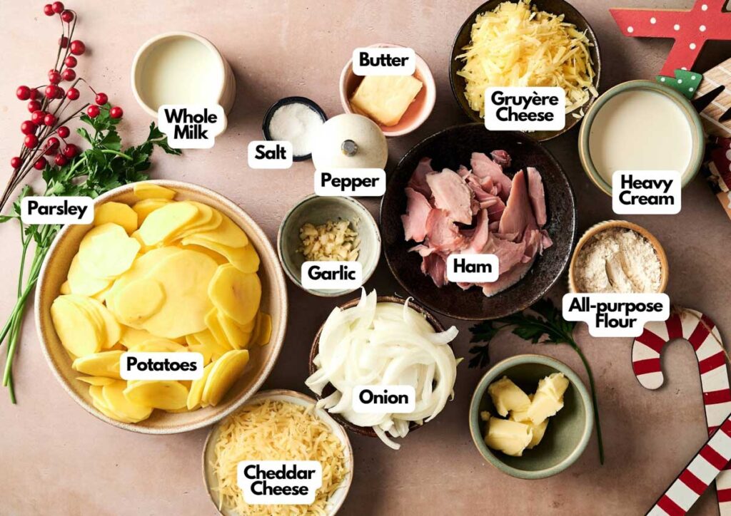 Various labeled ingredients for Scalloped Potatoes and Ham, including sliced potatoes, cheeses, ham, onion, garlic, parsley, milk, cream, butter, flour, salt, and pepper, are arranged on a counter.