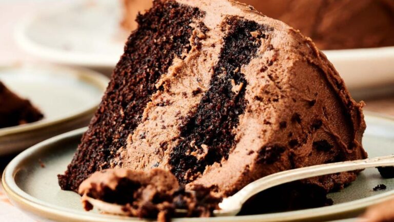 A close-up of a slice of chocolate layer cake with chocolate frosting on a plate, with a fork resting next to it.