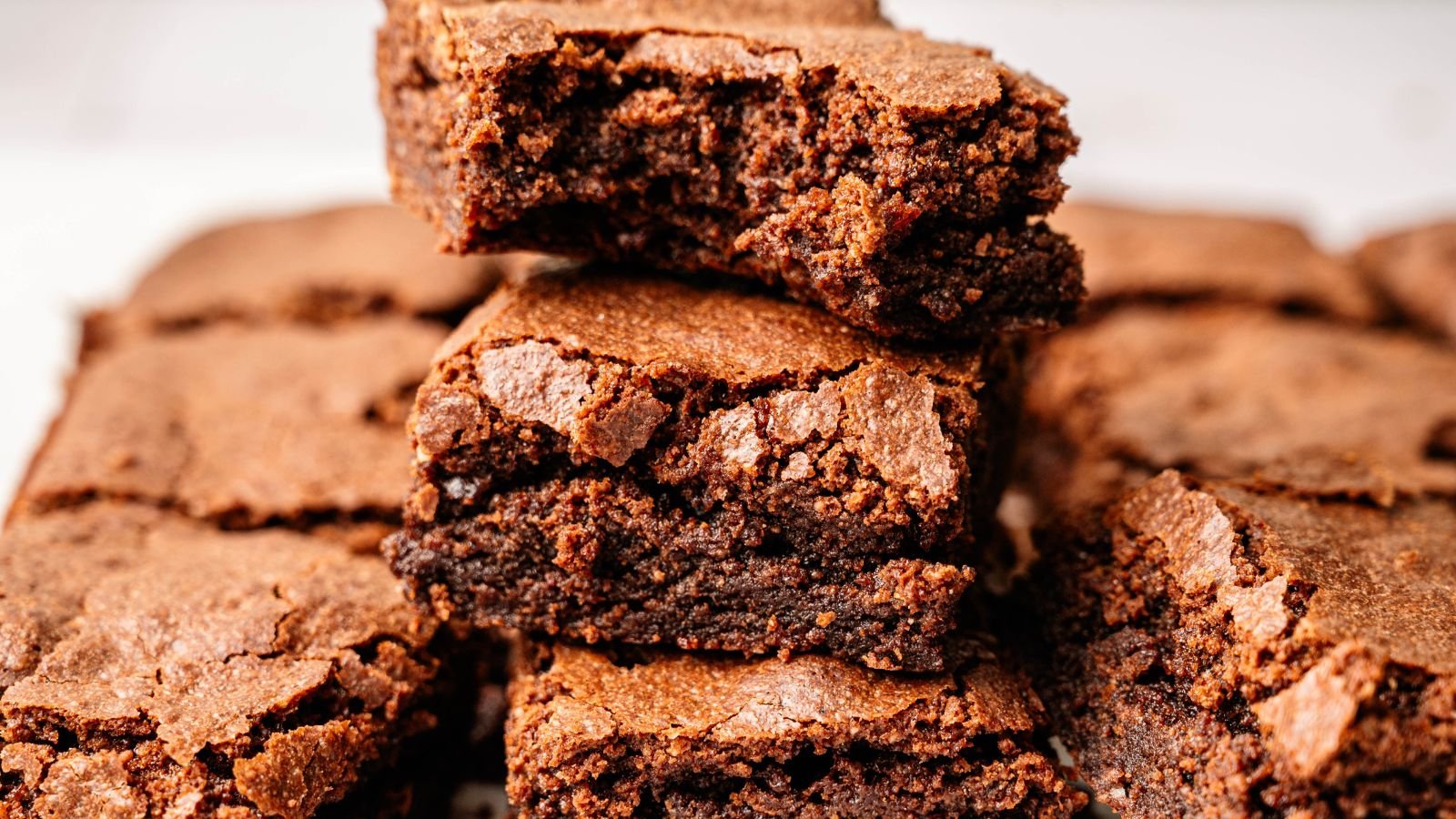 A stack of chocolate brownies with a cracked, crispy top rests on a surface, with more brownies arranged in the background.