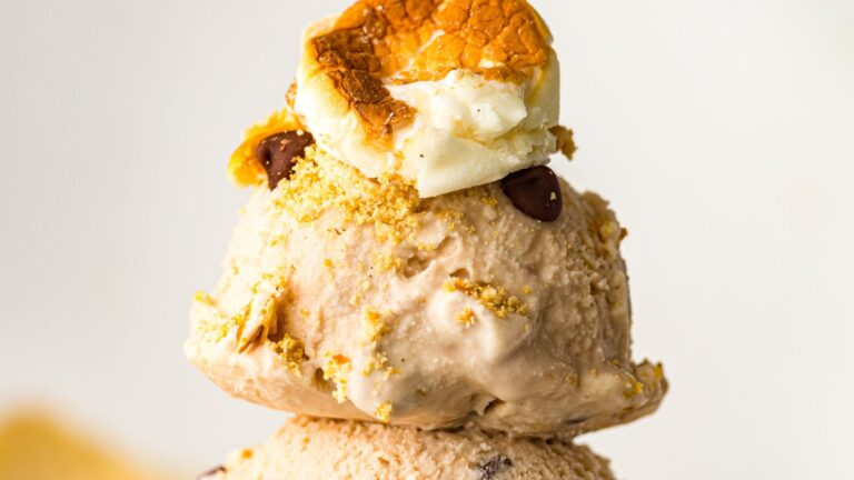 Two scoops of ice cream topped with a toasted marshmallow, chocolate chips, and graham cracker crumbs.