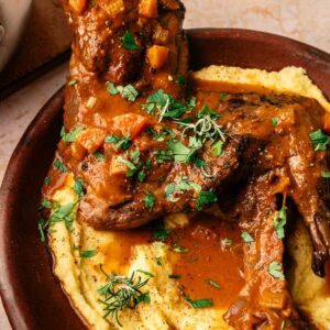 Braised rabbit leg in a rich vegetable sauce served over creamy mashed potatoes, reminiscent of a Mediterranean Lamb Shank with Polenta, garnished with fresh herbs on a brown plate.