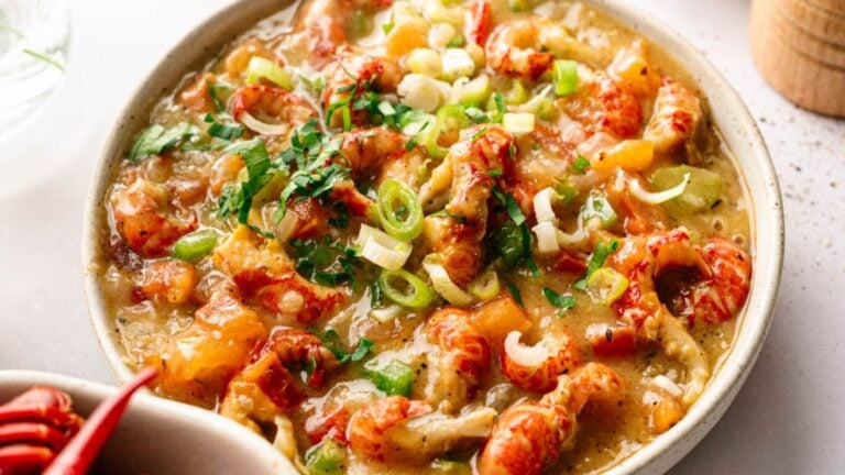 A bowl of crawfish étouffée garnished with chopped green onions and herbs, featuring a thick, saucy base with visible pieces of crawfish.