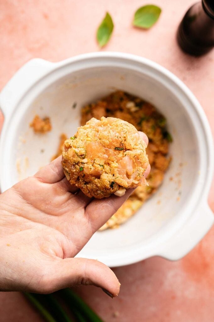 A hand holds an uncooked Salmon Patties mixture over a white bowl containing more of the same, with herbs and crumbs visible.