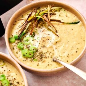 A bowl of creamy Air Fryer Potato and Leek Soup topped with sliced green onions, crispy fried leeks, ground pepper, and herbs, with a spoon resting inside.