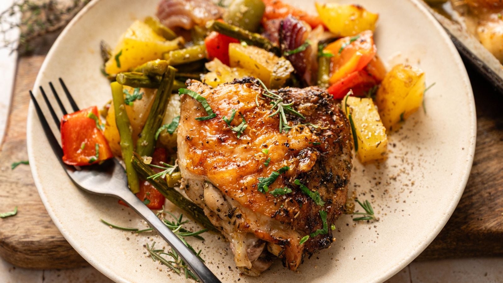A plate with roasted chicken thigh, mixed roasted vegetables including potatoes, green beans, red onions, and bell peppers, garnished with herbs.