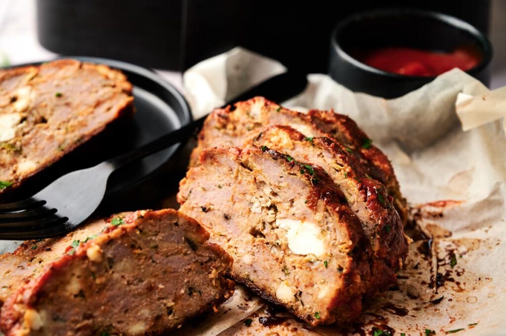 Air Fryer Turkey Meatloaf sliced with visible chunks of cheese, served on parchment paper with a black fork and a dish of ketchup in the background.