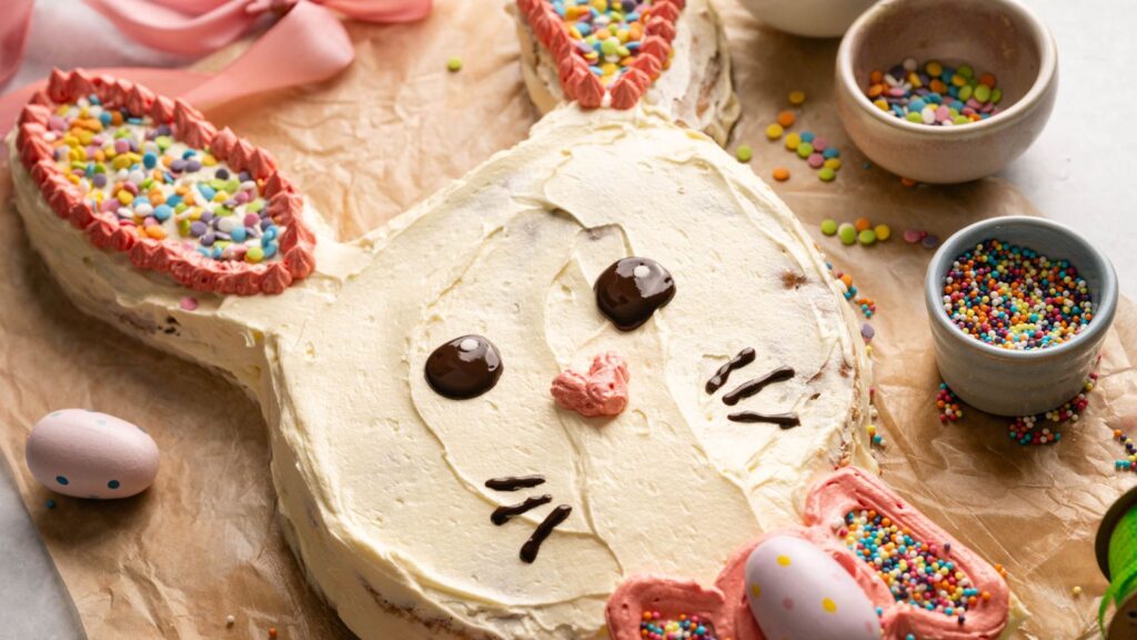 A bunny-shaped cake with white icing, pink details, chocolate features, and colorful sprinkles, surrounded by bowls of sprinkles and decorative eggs on parchment paper.