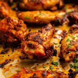 Close-up of crispy Cajun Chicken Wings on a baking sheet, garnished with chopped herbs and surrounded by seasoning and juices.