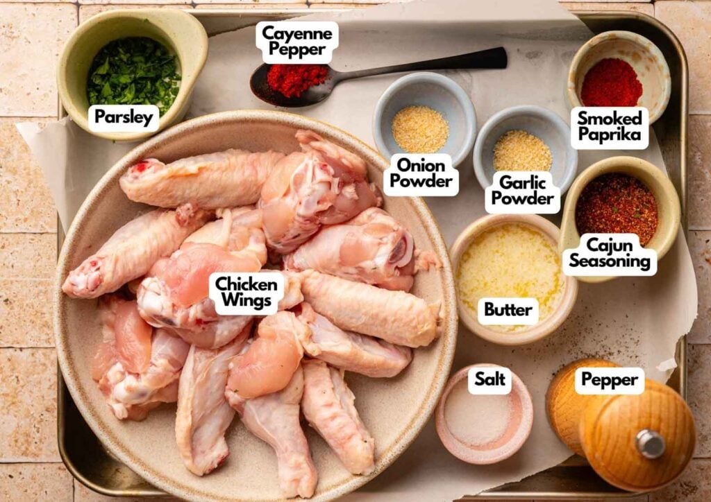 A plate of raw Chicken Wings is surrounded by bowls of spices, butter, parsley, and a pepper grinder, each labeled with their names.