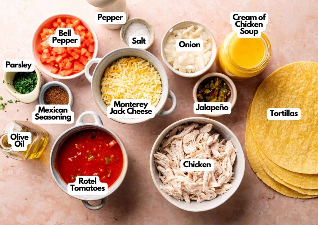 Ingredients for an Air Fryer King Ranch Casserole arranged on a counter, including shredded chicken, tortillas, cheese, vegetables, seasonings, and canned soup, each labeled.