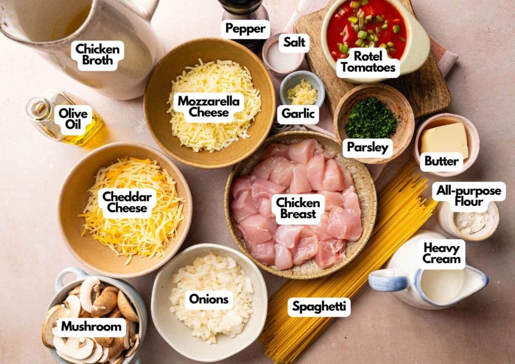 A top-down view of labeled ingredients for Cheesy Chicken Spaghetti Casserole, including chicken breast, cheeses, mushrooms, spaghetti, tomatoes, cream, broth, seasonings, onion, and oil.